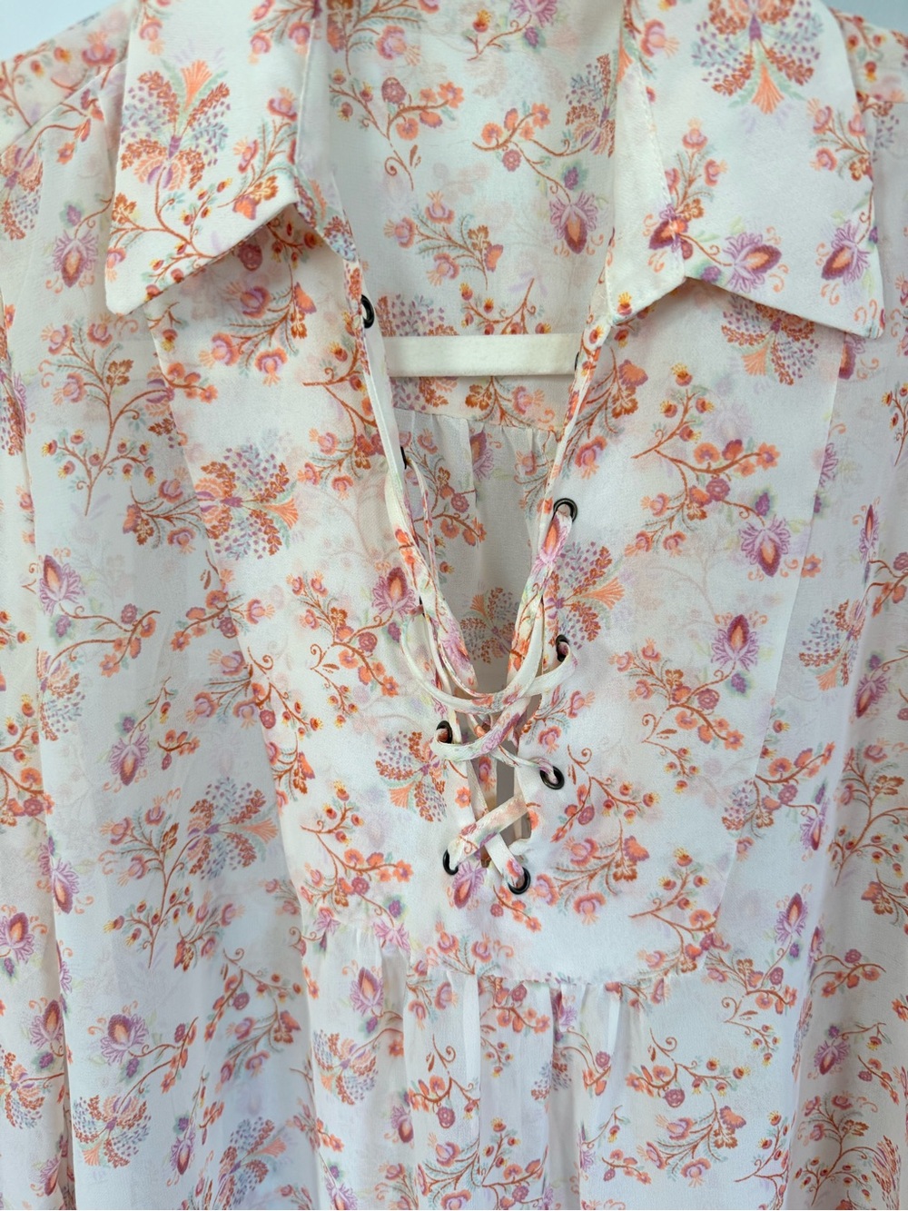 Lace-Up Floral Blouse in White with Peach & Lavender - Women's Top